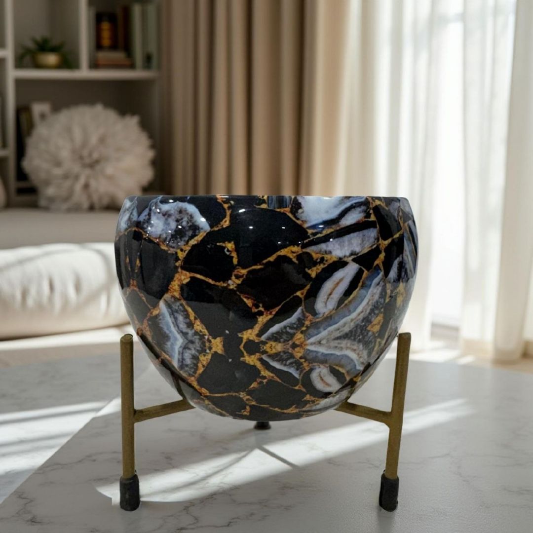 The Midnight Bloom – Flower pot with Golden stand - Hues & Craft